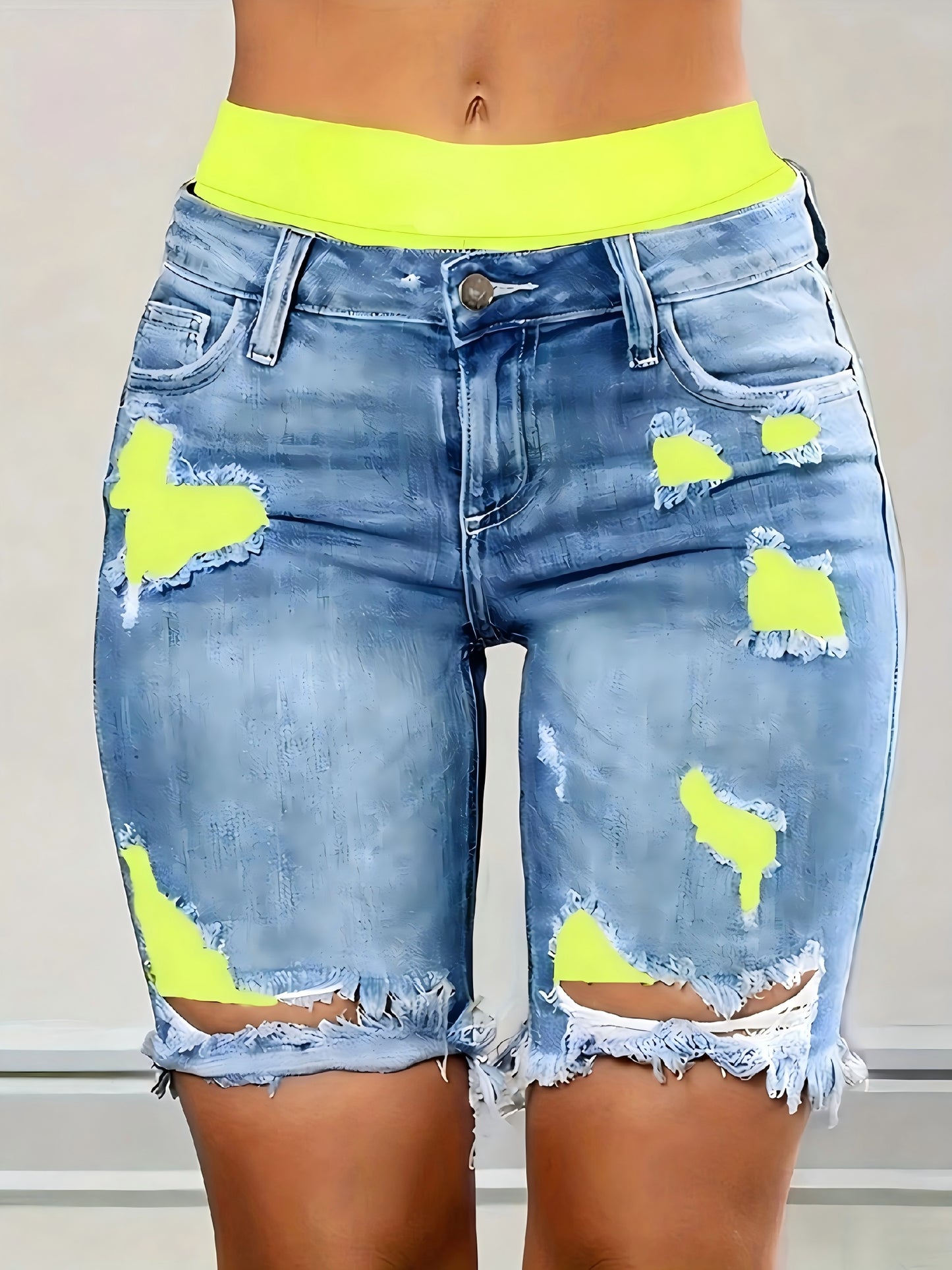 Denim Shorts: Color Block Printed Distressed Shorts/w Fitness Running Shorts