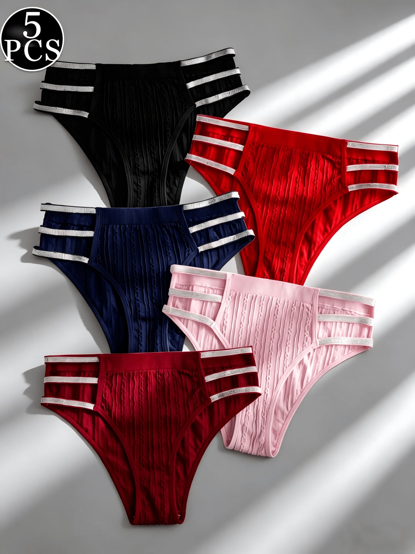 5pcs Ladies Sexy Hollowed Out Triangle Panties, Shiny Waistband Mix 5 Colours Fashion Trend Low Waist Underwear, Mature And Elegant Comfortable Soft And Breathable High Elasticity Brief