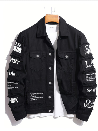[HME] American High Street Men's Denim Jacket, Three-dimensional Cut And Loose Fit, Fashionable Patchwork And Patchwork Design, Full Of Retro Street Style, Open Front, Single-row Button Closure, Fashionable And Trendy Men's Denim Jacket