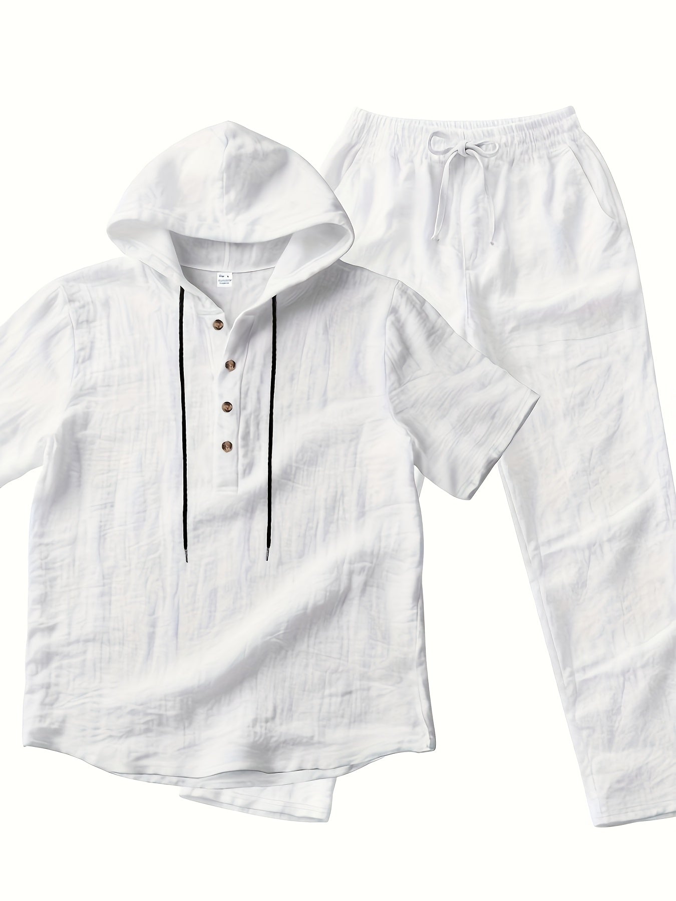 Men'S Casual Linen Hooded 2pcs Set, Short Sleeve Drawstring Henley Shirt And Wide Leg Pants, Breathable Non-Stretch Fabric, Loose Fit for Vacation, Home And Outdoor, Multi-Color Options