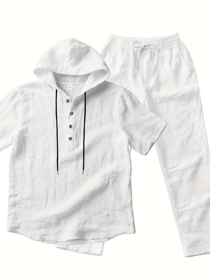 Men'S Casual Linen Hooded 2pcs Set, Short Sleeve Drawstring Henley Shirt And Wide Leg Pants, Breathable Non-Stretch Fabric, Loose Fit for Vacation, Home And Outdoor, Multi-Color Options