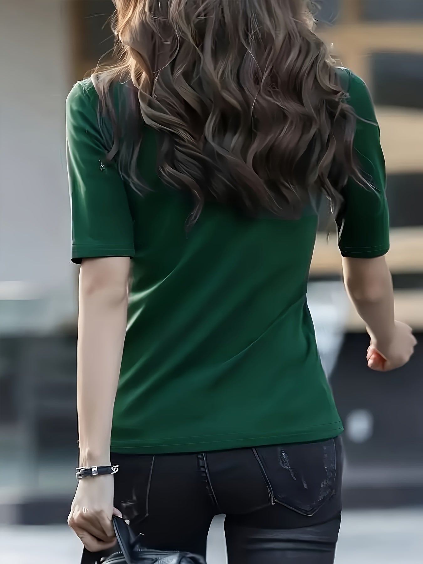 Women'S Casual T-Shirt - High Elasticity Solid Green Crew Neck Top, Machine Washable & Dry Cleanable, Regular Fit All-Season Versatile Shirt for Casual Attire, Ladies T Shirts, Elegant Style, Highelasticity Fabric
