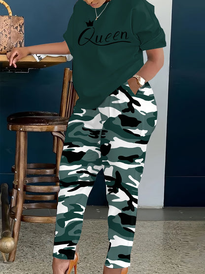 Plus Size - LADIES' Plus Size Daily Fashion Casual Set: Letter Print Crew Neck Short Sleeve T-shirt + Camouflage Long Pants With Pockets