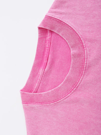 Ladies' American Retro Pink T-shirt 230G Fabric Overstimulated Letter Print Large Casual Washed Short Sleeved Shirt