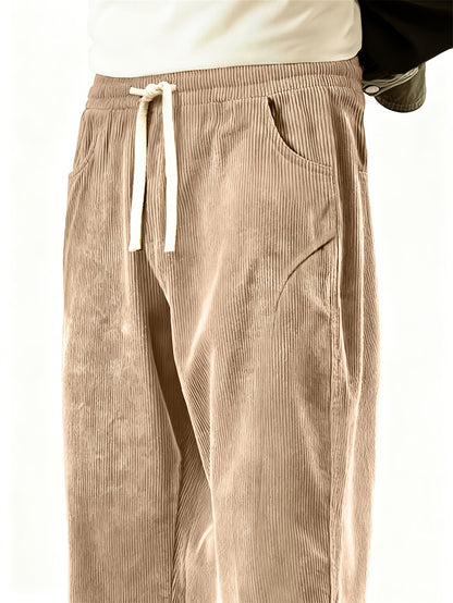 Men'S Solid Corduroy Straight Pants, Retro Pocket And Drawstring Waist, Breathable All-Season Trousers, Casual Daily And Workwear, Machine Washable, Comfortable Straight Fit Pants for Daily Activities