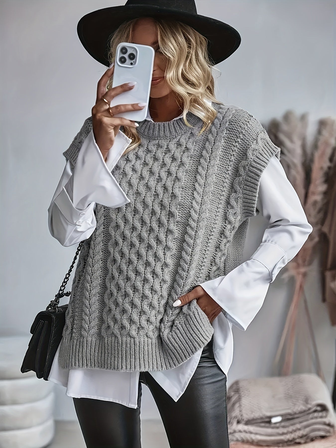 Women's Cable Sweater Vest - Sleeveless Round Neck Slit Hem Blouse, Solid Color Medium-Elastic Knitwear for Spring Summer Fall Layering, Casual & Semi-Formal Wear (Hand Washable)