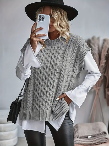 Women's Cable Sweater Vest - Sleeveless Round Neck Slit Hem Blouse, Solid Color Medium-Elastic Knitwear for Spring Summer Fall Layering, Casual & Semi-Formal Wear (Hand Washable)