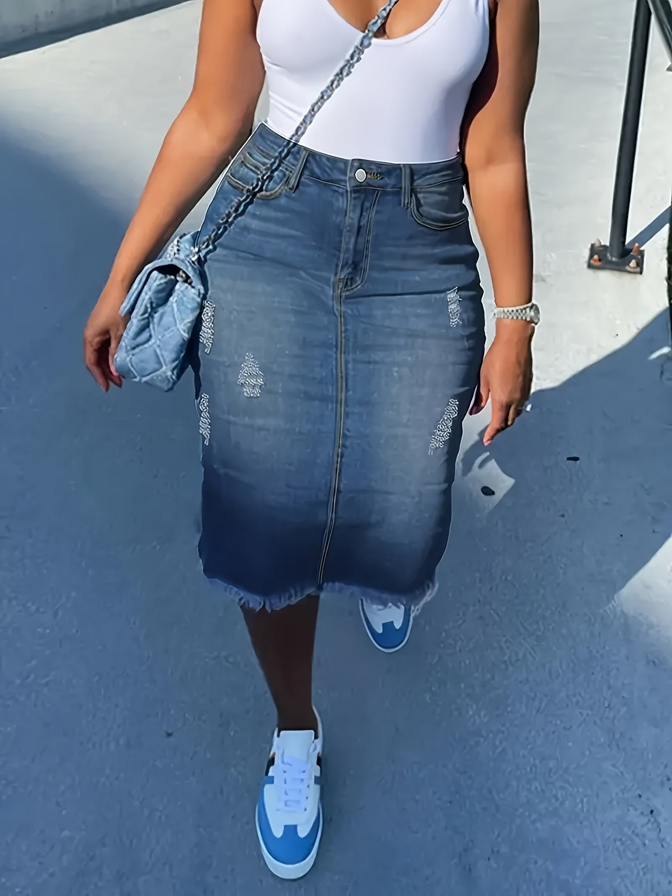 Vintage High-Waisted Denim Midi Skirt with a Raw Hem - Stretchy, Machine Washable, And Perfect for Casual Wear in Spring, Summer, And Fall. Features a Distressed Look And Non-Transparent Fabric.
