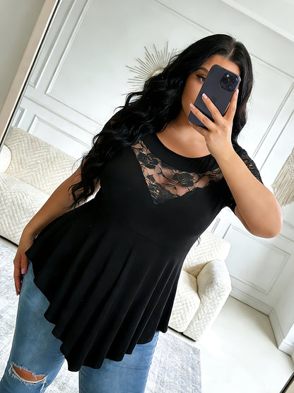 Plus Size - Plus Size - Plus Size Mesh Panel Tunic Shirt, Round Neck Floral Lace Yoke And Sleeves with Loose Fit Asymmetric Hem, Short Sleeve Stylish Black Top for Office Or Going Out, Flowy High-Low Hemline Lace Overlay Tunic Top
