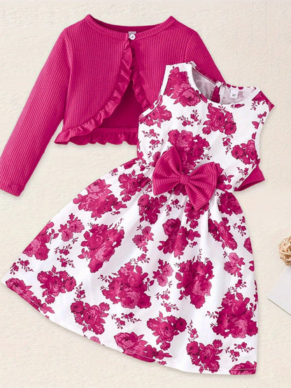 Kid Toddler Baby Girl Fall Outfit Ruffle Trim Long Sleeve Cardigan Flower Print Sleeveless A-line Tank Dress with Bow 2pcs Set, Perfect for Outdoor