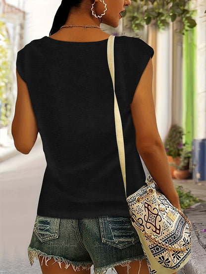 Women's Breathable Rayon V-Neck T-Shirt - Moon & Water Print H-Line Fitted Beach Top, Short Sleeve Casual Summer Blouse for Vacation, Machine Washable Spring/Summer Outfits
