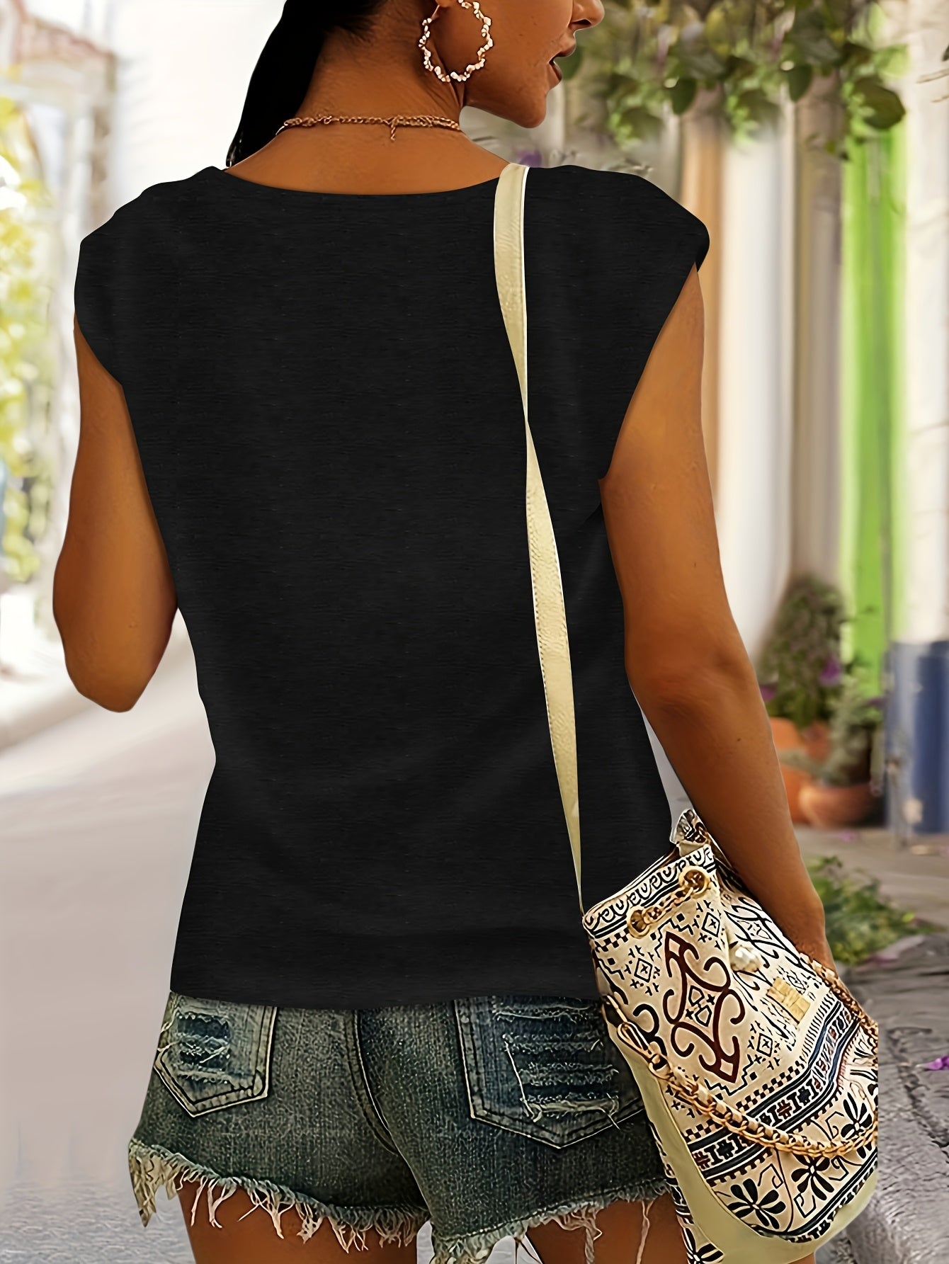 Women's Breathable Rayon V-Neck T-Shirt - Moon & Water Print H-Line Fitted Beach Top, Short Sleeve Casual Summer Blouse for Vacation, Machine Washable Spring/Summer Outfits