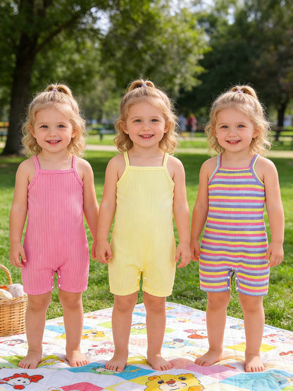 3pcs Baby Girl 3pcs Knitted Jumpsuit Suit - Yellow, Pink & Striped Bodysuits | Spring Summer Outfits, Slight Stretch Fabric, Machine Washable Wear for Photoshoots, Everyday Outfits (Regular Fit) Clothes, Perfect for Outdoor