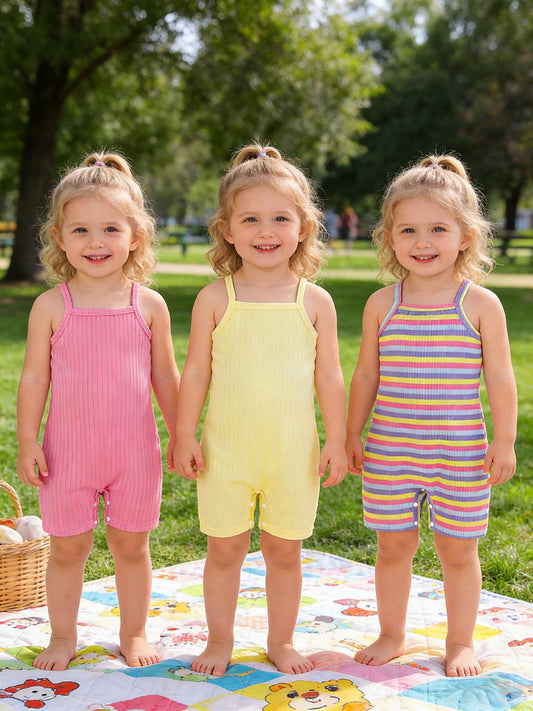 3pcs Baby Girl 3pcs Knitted Jumpsuit Suit - Yellow, Pink & Striped Bodysuits | Spring Summer Outfits, Slight Stretch Fabric, Machine Washable Wear for Photoshoots, Everyday Outfits (Regular Fit) Clothes, Perfect for Outdoor