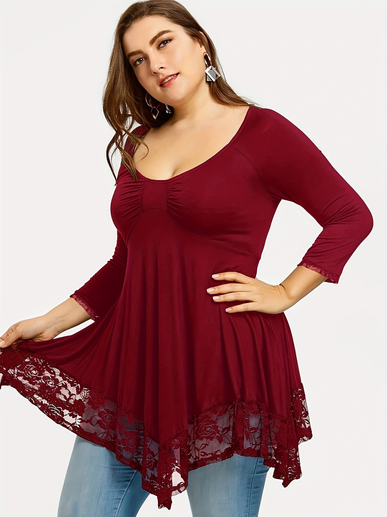 Plus Size - Plus Size - Floral Jacquard Lace Top in Plus Size - Stylish Contrast Edging, Round Neckline, Long Sleeves - Elegant Solid Tops for Curvy Women for Easy Fashion