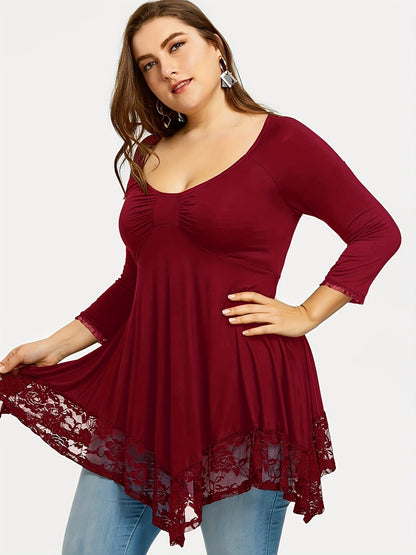 Plus Size - Plus Size - Floral Jacquard Lace Top in Plus Size - Stylish Contrast Edging, Round Neckline, Long Sleeves - Elegant Solid Tops for Curvy Women for Easy Fashion
