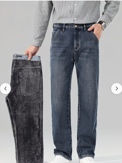 [HME] New Men'S Thickened Denim Trousers for Autumn And Winter. Heavily Washed And Naturally Polished, with Thickened Fleece Lining for Good Warmth Retention. Classic And Versatile Men'S Warm Winter Thick Jeans