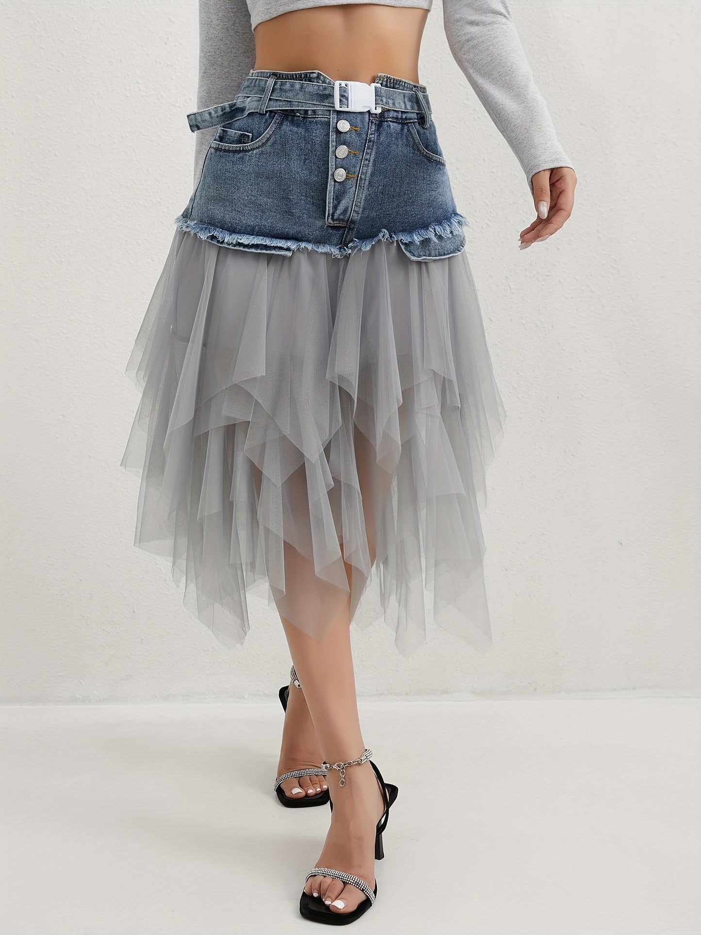 A Midi Skirt for Spring, Summer, And Autumn, Combining Denim And Tulle with a Trendy Raw-Edge Hem