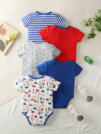 5pcs Set Baby Girl Cartoon Triangle Onesie Baby Girl Cute Crawling Suit, Perfect for Outdoor