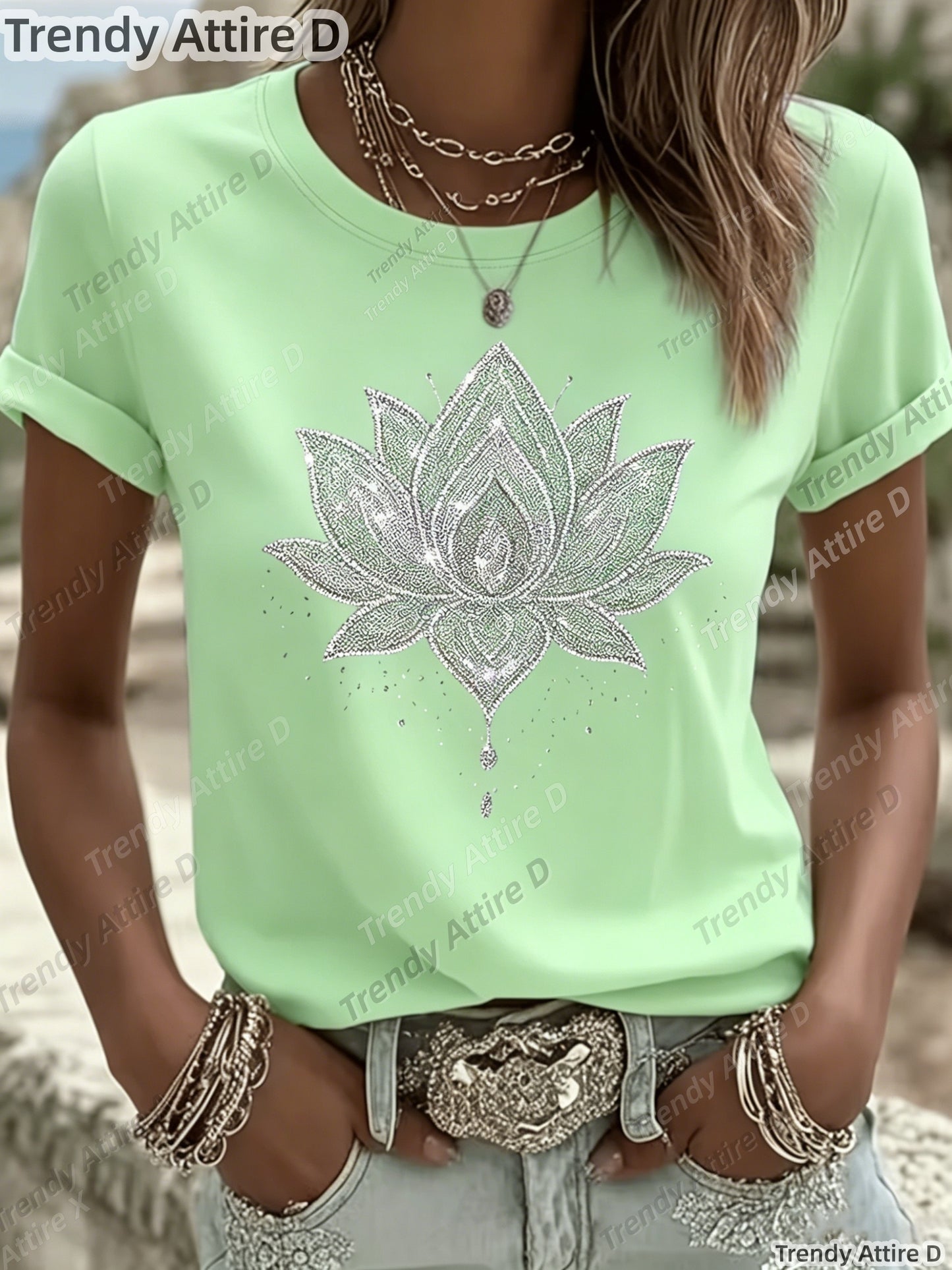 Inner Peace Mandala Plant Floral Pattern Printed T-Shirt Casual Short Sleeve Round Neck Top Fashionable All-Season Women'S Clothing
