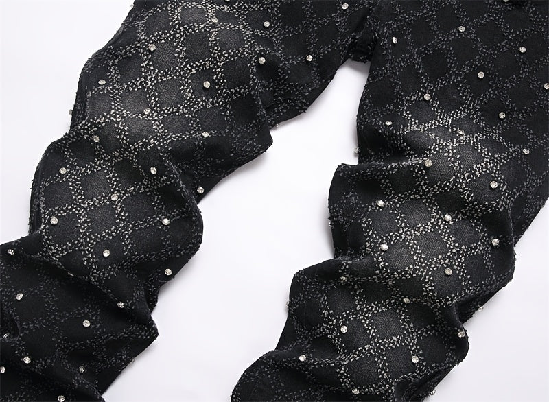 Y2K Men's Shiny Rhinestone Embellished Stretch Slim-Fit Jeans, Casual Street Style Hip-Hop Skateboarding Rap Pants, Machine Washable - All-Season Wear