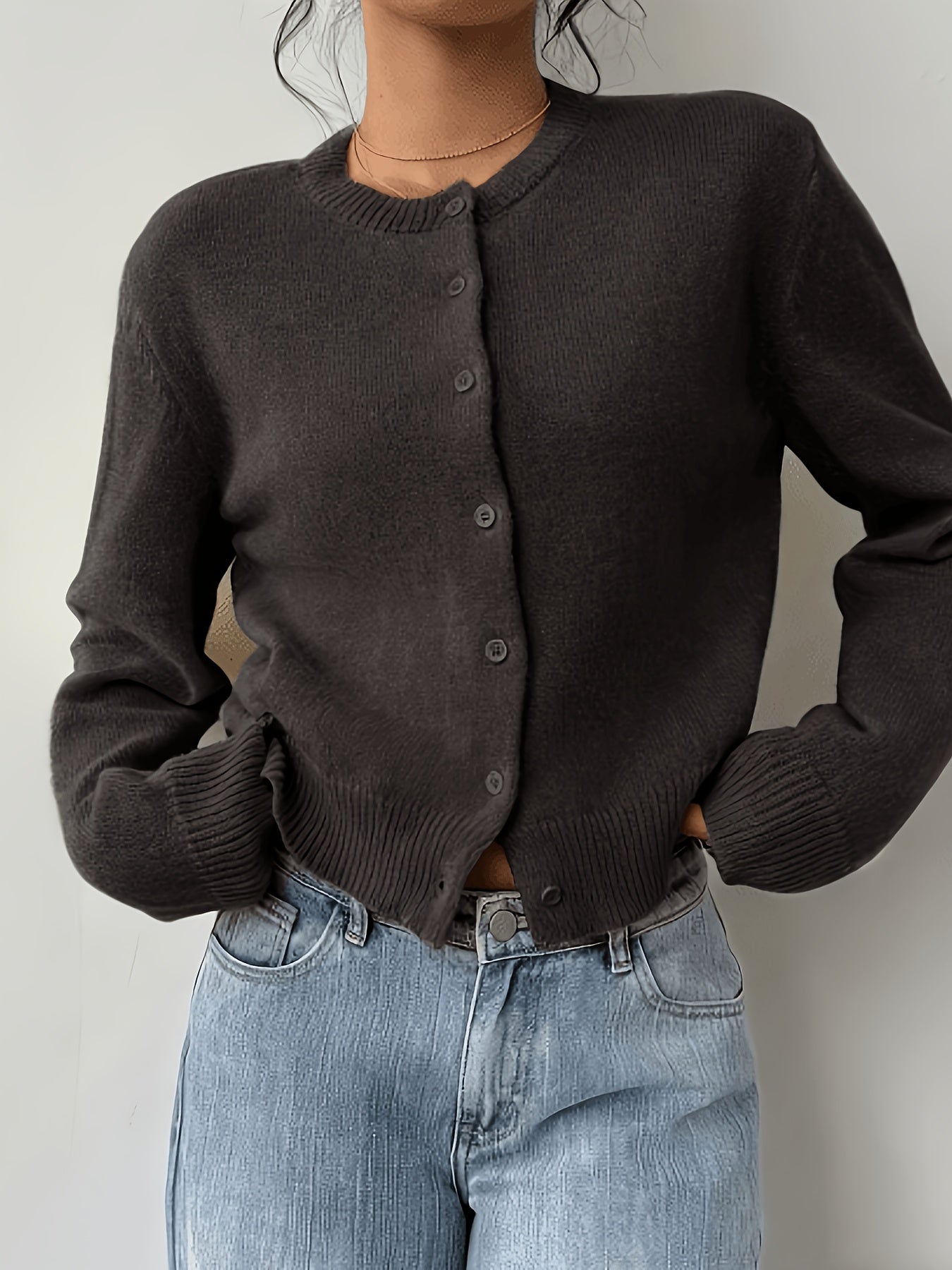 New Spring And Summer Fashionable Elegant Women's Stretch Button Cardigan - High-Elasticity Crew Neck Spring/Autumn Sweater, Hand Wash/Dry Clean Spring And Summer Apparel, Lightweight And Breathable Daily Commute, Sports And Leisure Top, Qqq