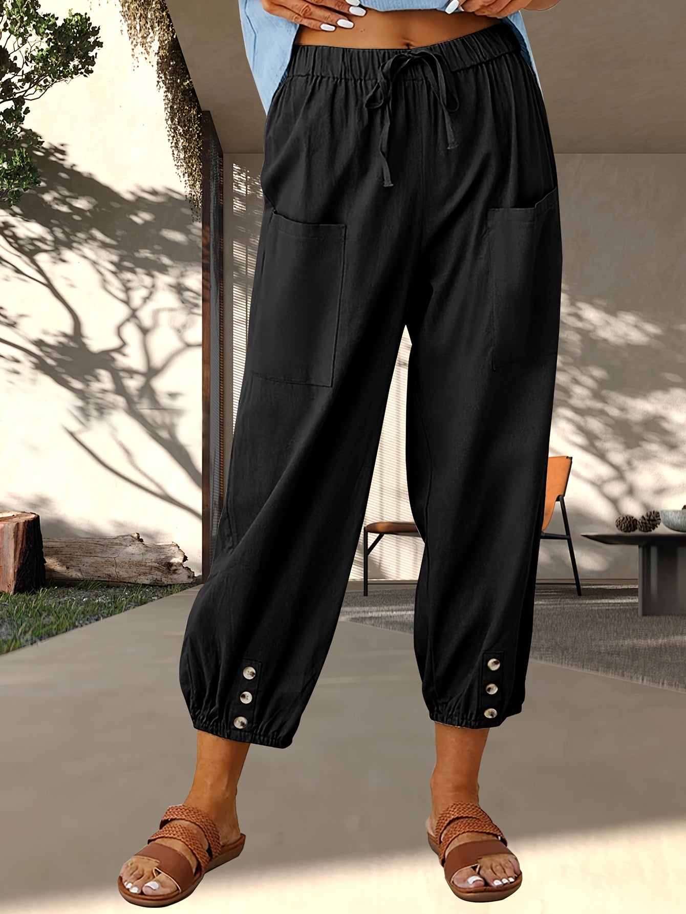 3-Pack Women'S Loose Casual Pants, Solid Color Linen Blend Wide-Leg Trousers With Pockets, For Daily Commute & Casual Wear