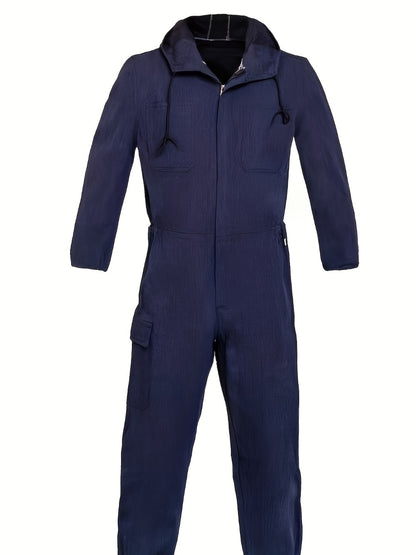 Unisex Hooded Denim-Look Coveralls - Loose Fit Zipper Front