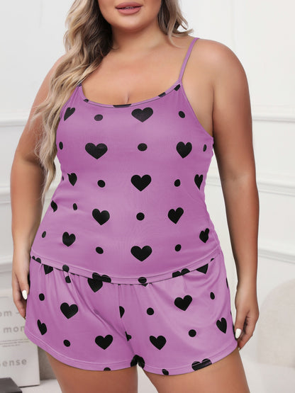 3 Sets Women'S Plus Casual Pajama Set, Plus Size Heart & Polka Dot Print Round Neck Cami Top & Shorts Lounge 6pcs Set