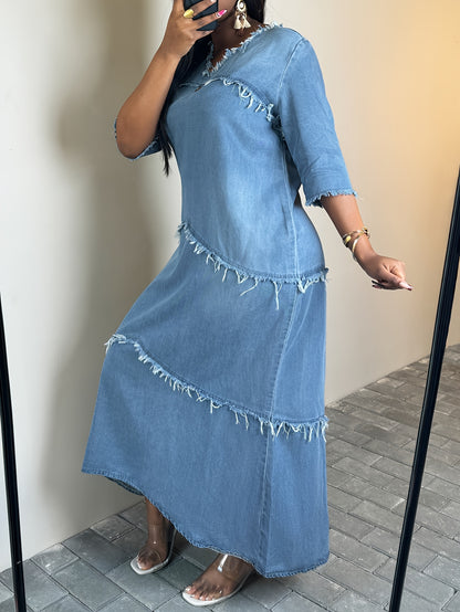 Bohemian Style Loose Denim Maxi Dress with V-Neck, 3/4 Sleeves, And Fringed Patchwork Details - Relaxed Fit, Casual, And Chic for a Stylish, Effortless Look