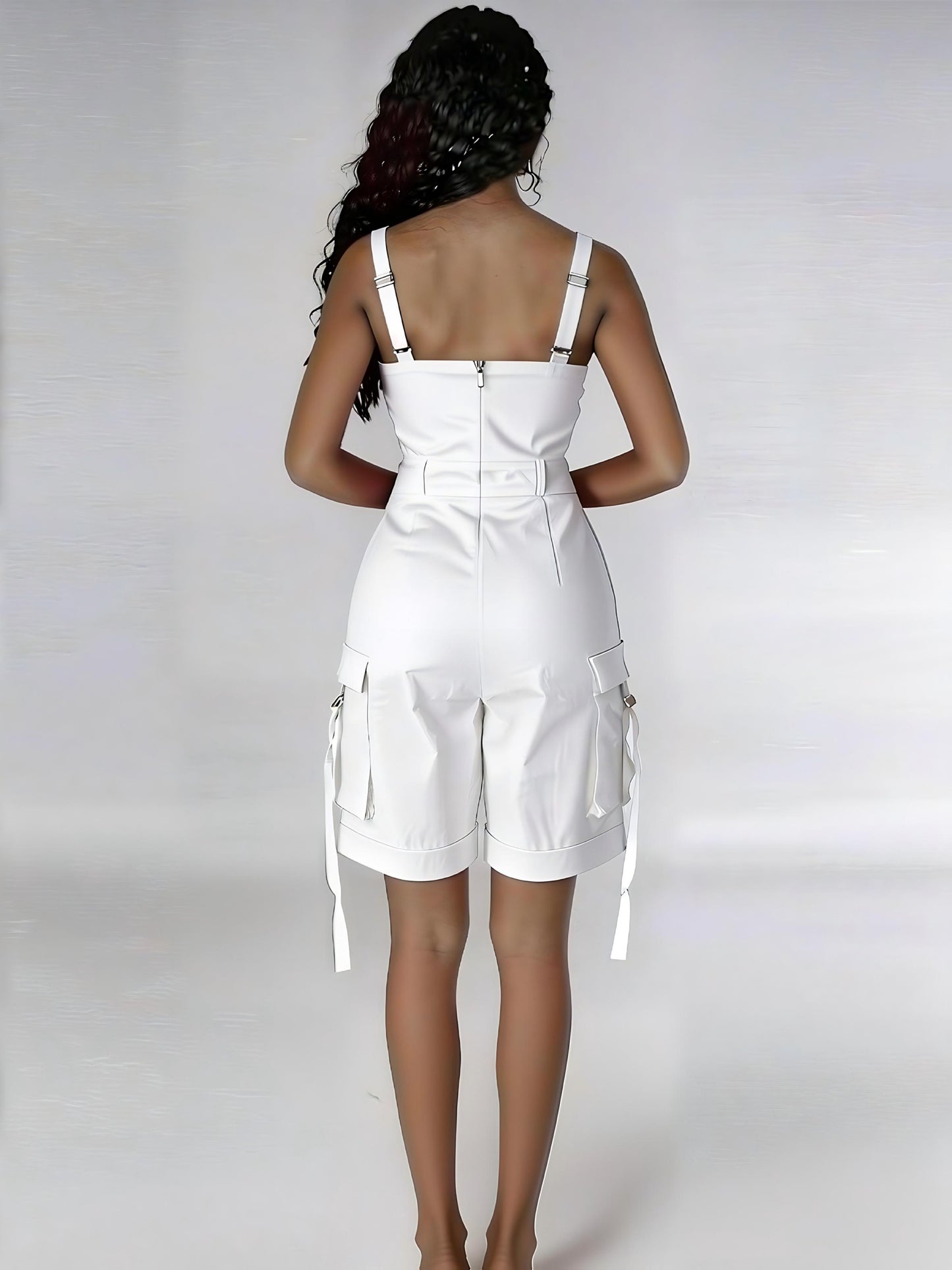 Women'S Sleeveless Square Neck Suspender Cargo Romper, High Waist Wide Leg Overall Shorts Jumpsuit With Pockets, Summer Casual Streetwear For Ladies