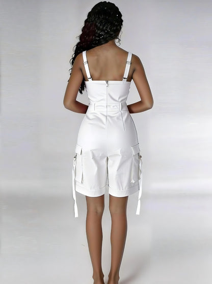 Women'S Sleeveless Square Neck Suspender Cargo Romper, High Waist Wide Leg Overall Shorts Jumpsuit With Pockets, Summer Casual Streetwear For Ladies
