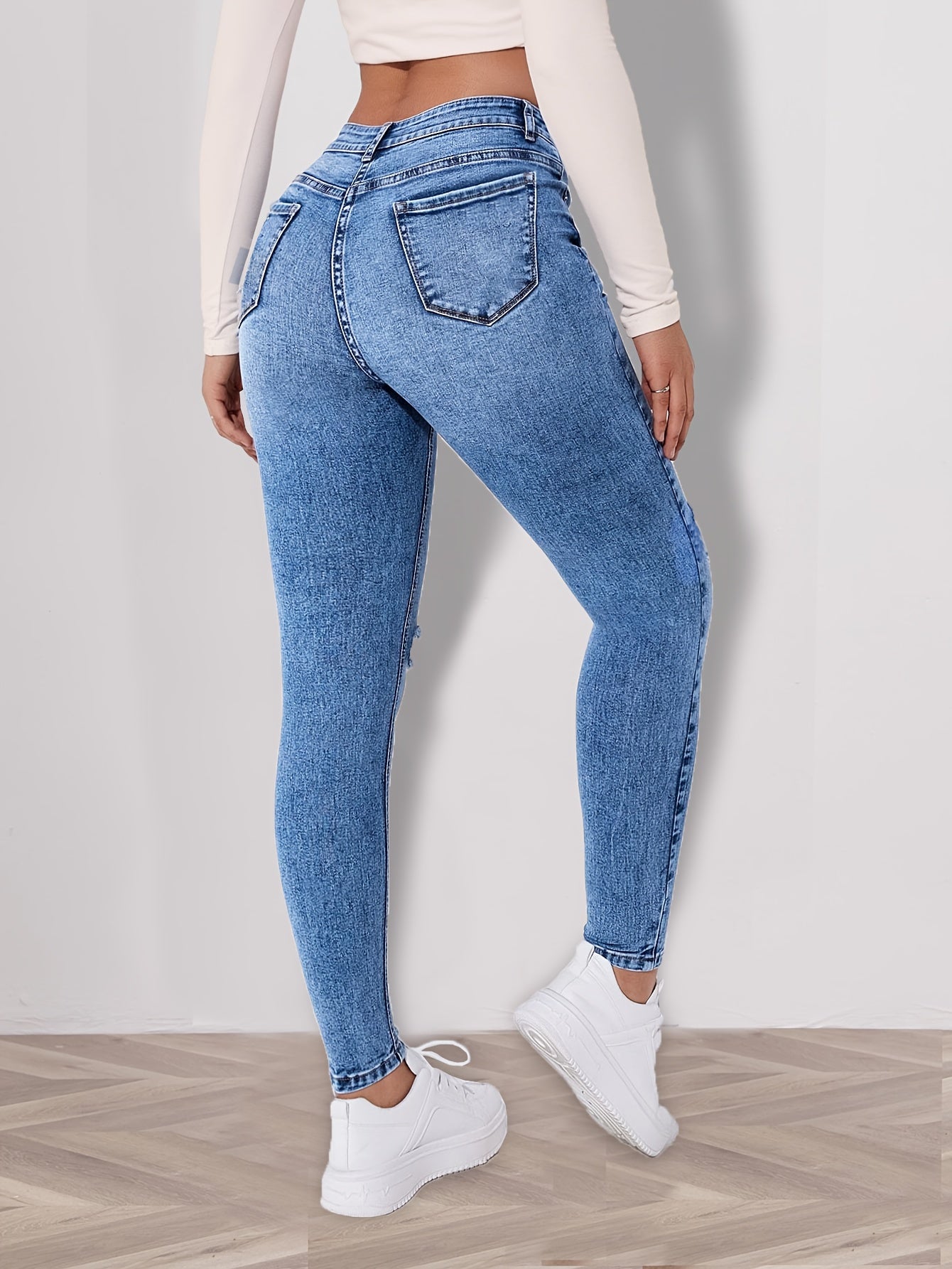 Women'S High-Waisted Skinny Jeans - Distressed Blue Denim Stretch Slim Fit with Button Closure, Long Length & All-Season Casual Style for Casual Attire, Highwaisted Trousers | Comfortable Fashion