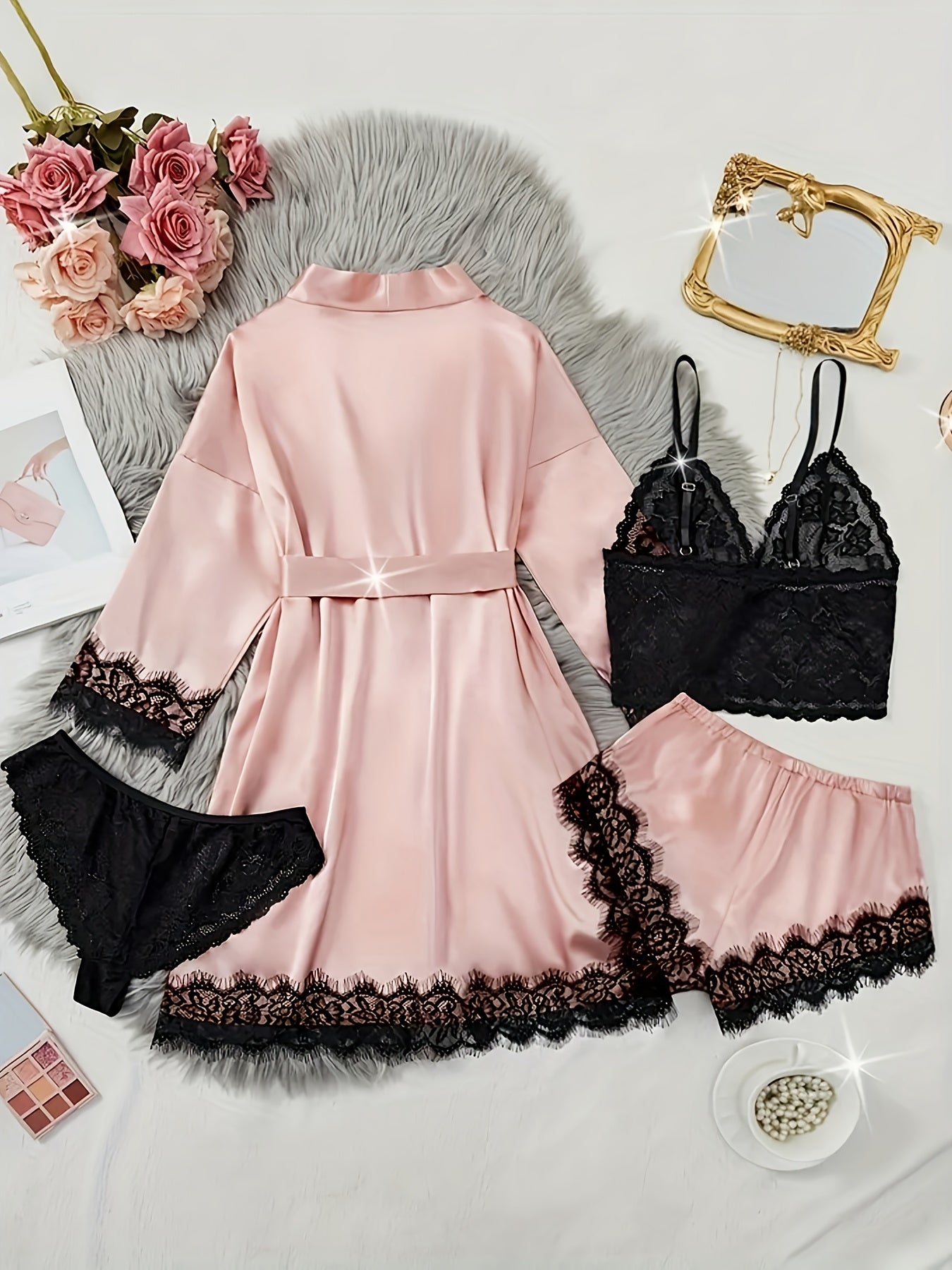 Women's Satin Fabric Pajama Set, Floral Lace Camisole Sleepwear and Robe 4pcs Set, Sexy Plus Size Nightwear with Pants and Belt, Loungewear