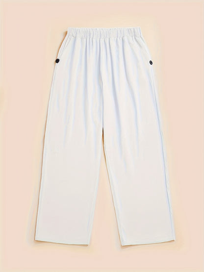 Women'S High-Waisted Stretch Button Casual Pants - Solid Color Straight Side Pockets Design, All-Season Comfort Machine Washable Non-Stretch Fabric, Smooth Fabric Pants