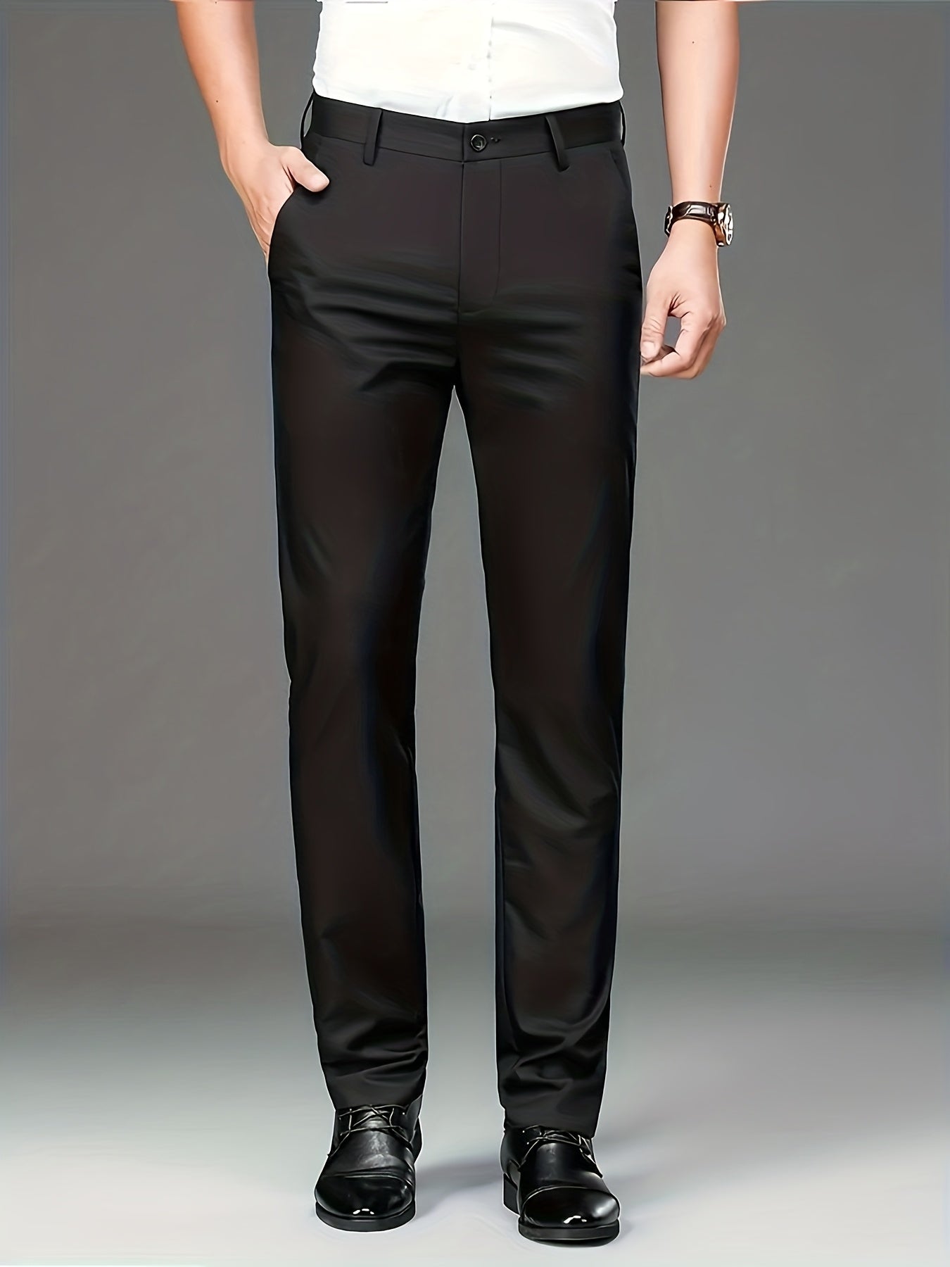 Men's High-elasticity Anti-wrinkle Straight-leg Dress Pants, High-waisted Business Casual Long Pants, Button And Zipper Design, Machine-washable All-season Classic Solid Color Suit Pants, Professional Clothing, Wear-resistant Fabric, Formal Wear