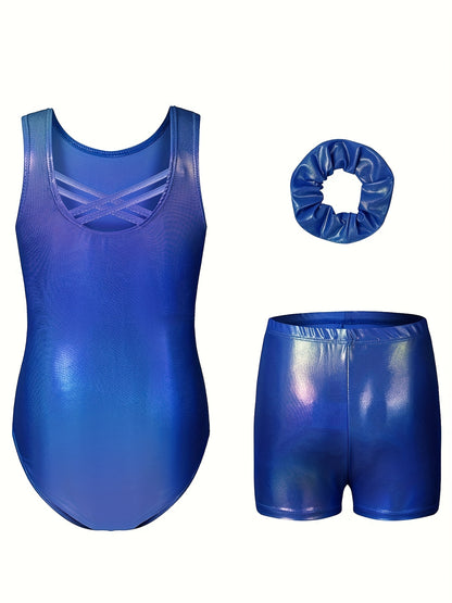Girls' Sleeveless Gymnastics Bodysuit + Shorts + Headwear, Perfect for Outdoor