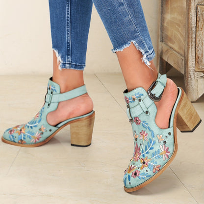 2025 New Women's Chunky Heel Ankle Boots, Pointed Toe Floral Vintage Style with Comfortable Open Back Strap, Women Shoes