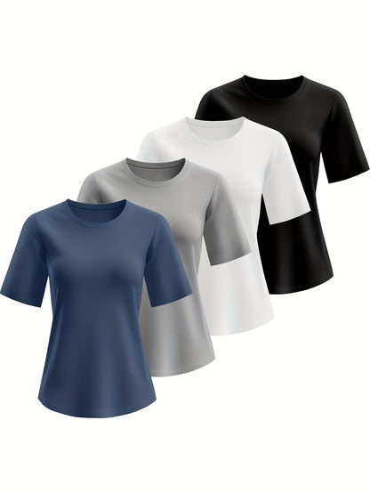 Set of 4 Women'S Casual T-Shirts, Solid Hue Crew Neck Short Sleeve Summer Tops, Soft And Cozy Basic Tees for Everyday Wear - Navy, White, Black, Red, Light Blue