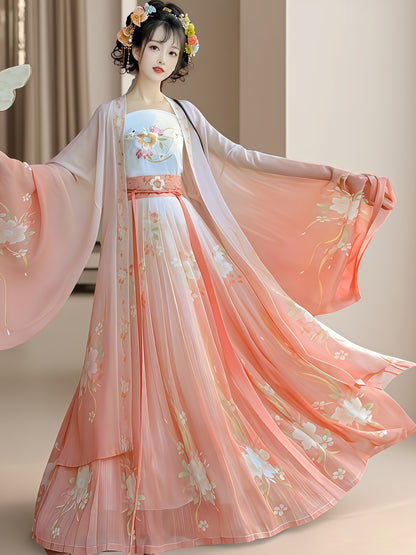 Pink Hanfu with Petal-Like Flowing Skirt And Butterfly Embroidery