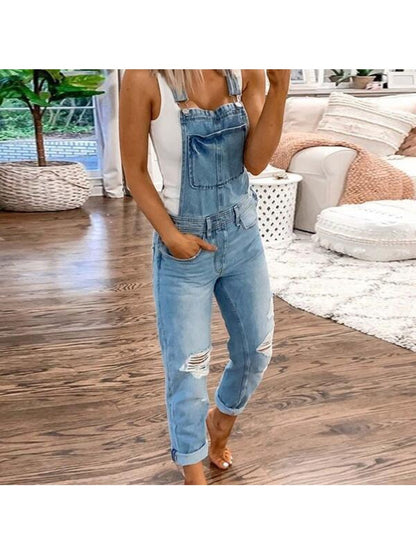 [Trendy Denim Overalls] New Sports Backpack Strap Ripped Denim Overalls for Women, Suitable for Weekend Trips Easy Commutes, Trendy Comfortable
