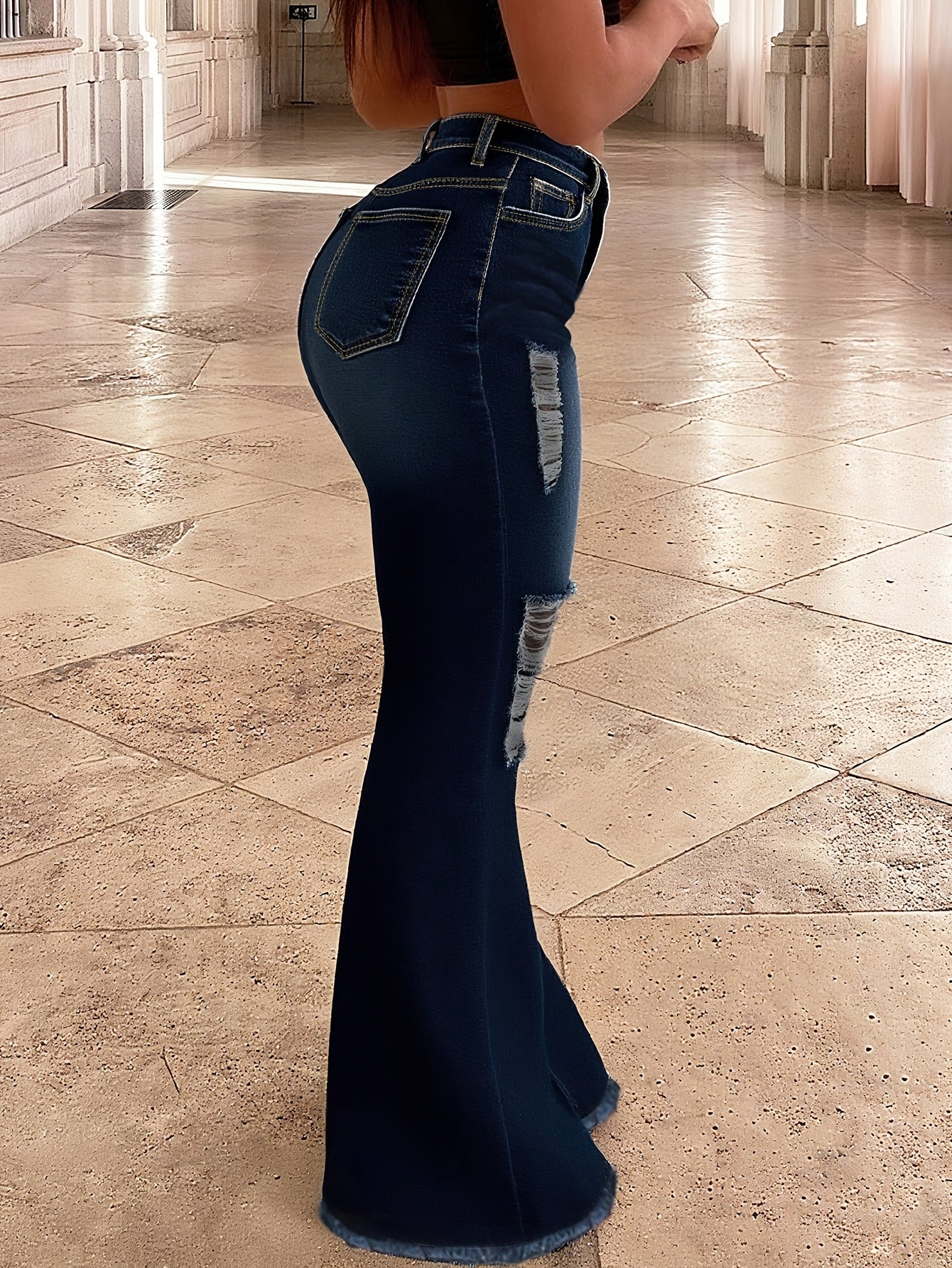 Women's Sexy Ripped Distressed Bell-Bottom Jeans - Mid-Rise Tight-Fit Pants with Full-Length Bell Flare Legs, Beltless & Machine Washable for Casual Outfits (//Daily Wear) - - Wearable in Stock