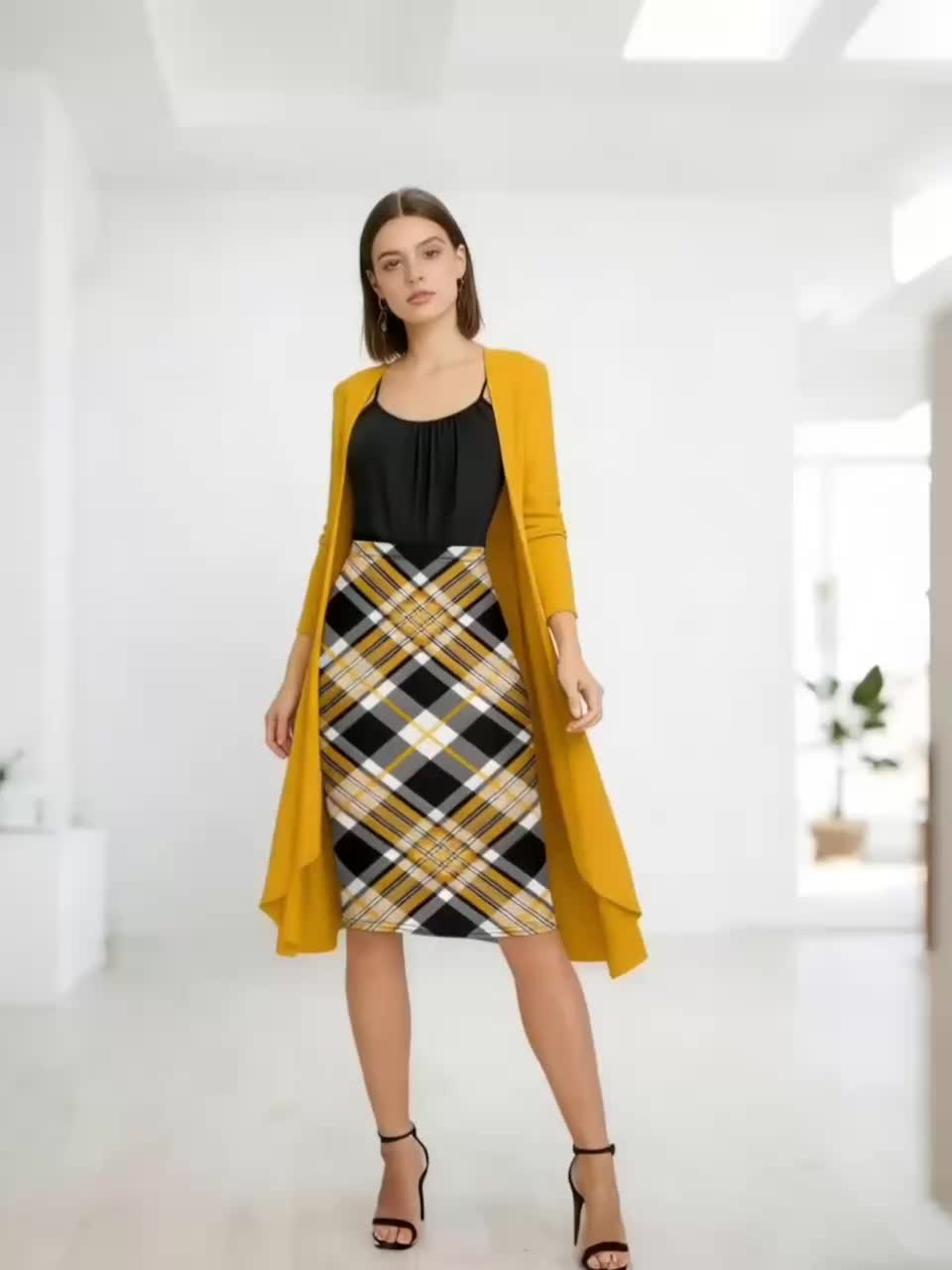 Women'S Retro Irregular Hem Three-Quarter Sleeve Cardigan + Black Camisole and Plaid Bodycon Skirt Three-Piece Set - Spring/Autumn Commuter and Party Outfit