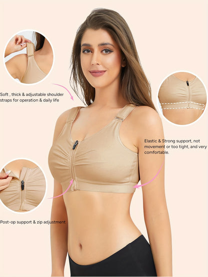 New Style Zip Front Closure Everyday Bra for Women Post Surgery Compression Support with Adjustable Straps Wirefree Wireless Full Coverage Comfort Everyday 84%Cotton 16%spandex Suitable for Post-surgery And Daily Out-of-home Exercise Yoga