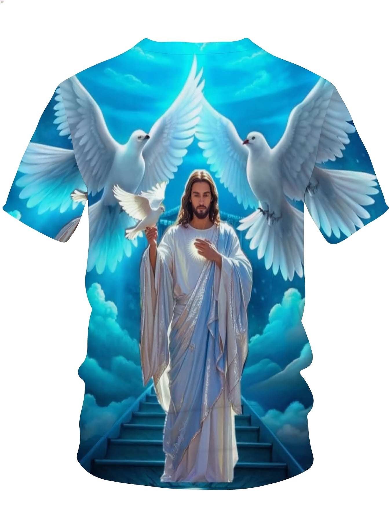 Jesus Christ With Doves And Heavenly Stairs Religious Christian T-Shirt For Men Full Print Design Faith Inspired Apparel, Plus Size