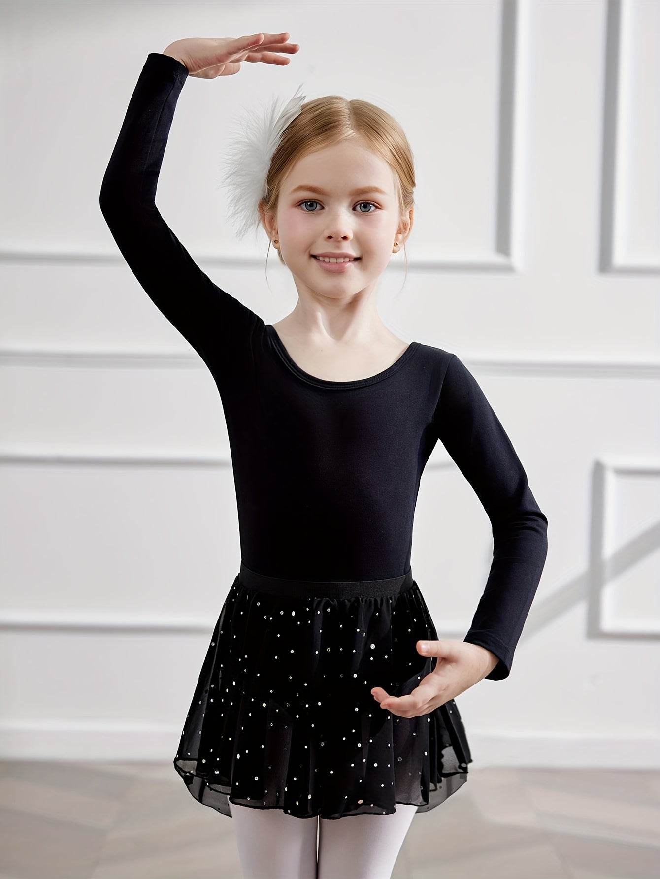 Girls' 2pcs Ballet Leotards Long Sleeve Cross-Back Dance Leotard with Detachable Shiny Skirt, Stretchy Polyester Dance Dress for Parties, Birthdays & Sports Events, Perfect for Outdoor, All Seasons, Gift for Back-to-School Season, Beach Essentials