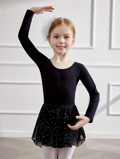 Girls' 2pcs Ballet Leotards Long Sleeve Cross-Back Dance Leotard with Detachable Shiny Skirt, Stretchy Polyester Dance Dress for Parties, Birthdays & Sports Events, Perfect for Outdoor, All Seasons, Gift for Back-to-School Season, Beach Essentials