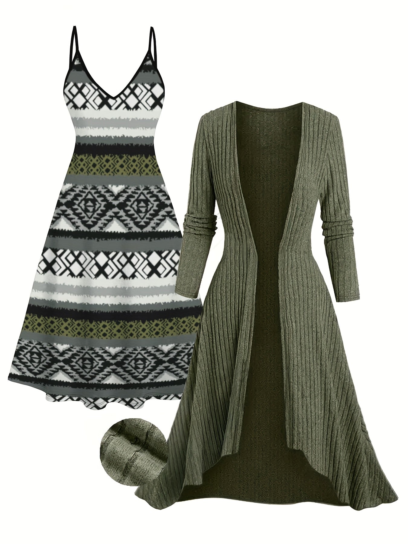 Plus Size - Plus Size, Women'S Bohemian Dress Set - Strapless Maxi Dress & Long Cardigan Coat, Maroon & Black/White/Gray/Beige/Red/Blue/ Green/Orange/, Stretchy Fabric for Resort, Casual, Formal Events - Elegant Boho Outfit