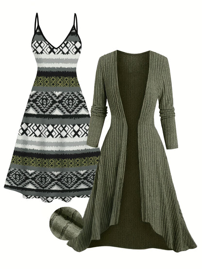 Plus Size - Plus Size, Women'S Bohemian Dress Set - Strapless Maxi Dress & Long Cardigan Coat, Maroon & Black/White/Gray/Beige/Red/Blue/ Green/Orange/, Stretchy Fabric for Resort, Casual, Formal Events - Elegant Boho Outfit