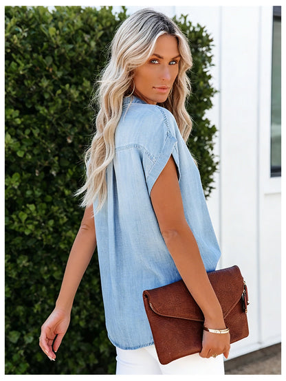 Women's Summer Denim Shirt Short Sleeve Oversized Casual Button T-Shirt Blue Jean Blouse Loose Fit Western Retro